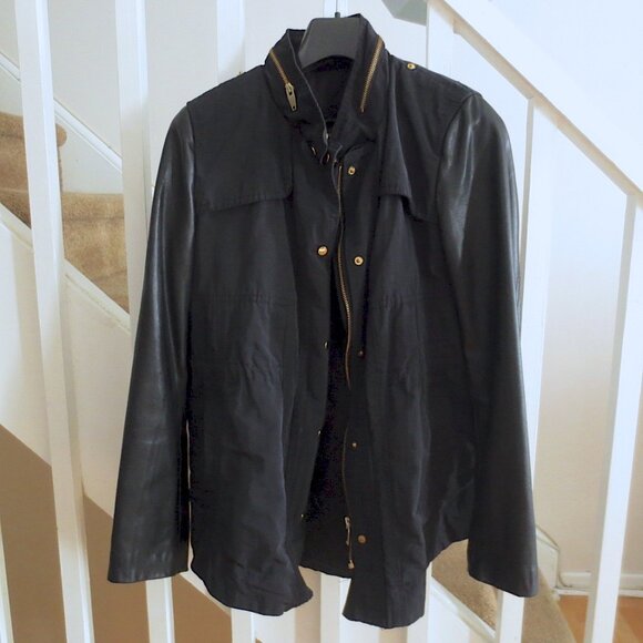 Zara Navy Black and Gold Zipper Parka Rain Jacket Coat with Leather Look Sleeves - Picture 6 of 6